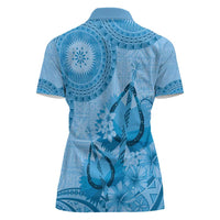 Blue Bula Fiji Women Polo Shirt Fijian Dance Fan Tapa Cloth Pattern