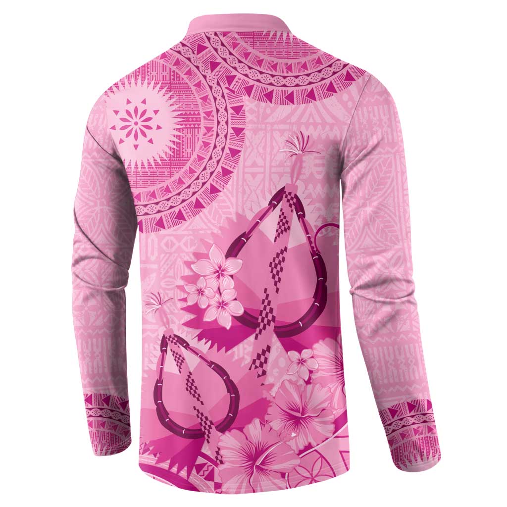Pink Bula Fiji Button Sweatshirt Fijian Dance Fan Tapa Cloth Pattern