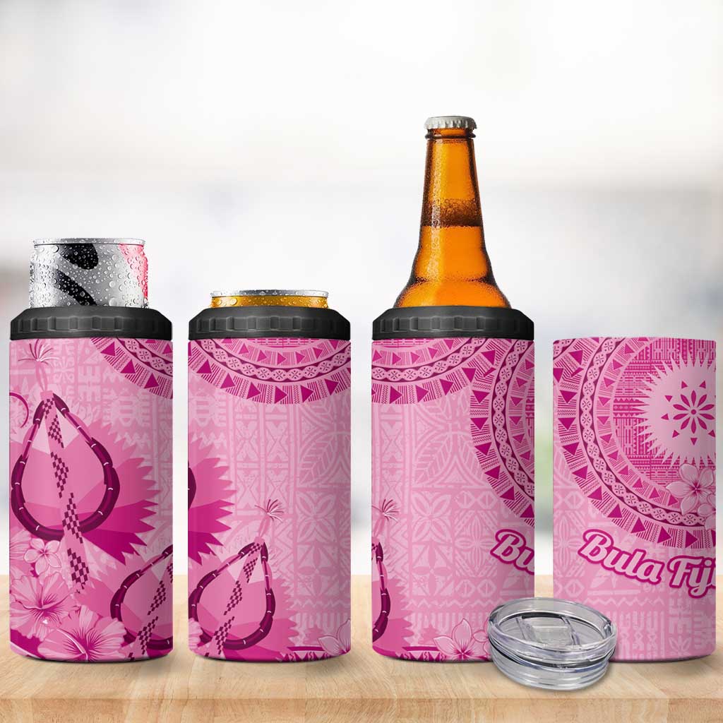 Pink Bula Fiji 4 in 1 Can Cooler Tumbler Fijian Dance Fan Tapa Cloth Pattern