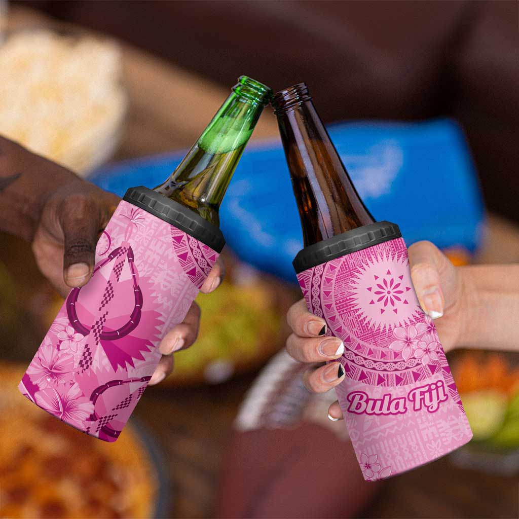 Pink Bula Fiji 4 in 1 Can Cooler Tumbler Fijian Dance Fan Tapa Cloth Pattern