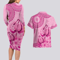 Pink Bula Fiji Couples Matching Long Sleeve Bodycon Dress and Hawaiian Shirt Fijian Dance Fan Tapa Cloth Pattern