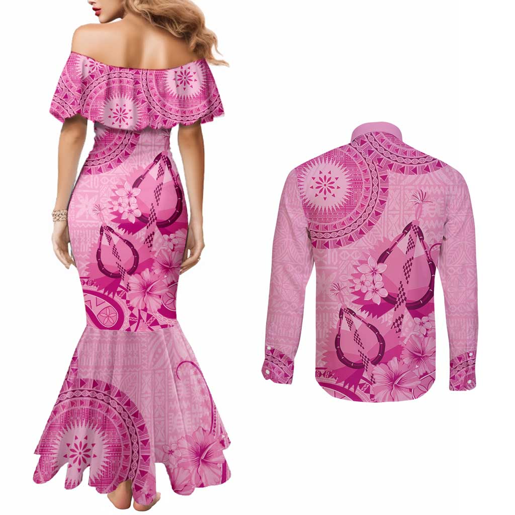 Pink Bula Fiji Couples Matching Mermaid Dress and Long Sleeve Button Shirt Fijian Dance Fan Tapa Cloth Pattern