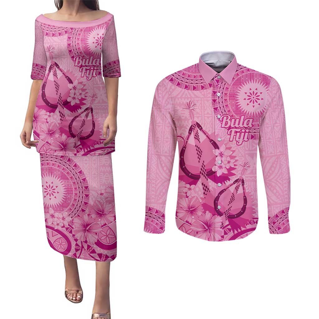 Pink Bula Fiji Couples Matching Puletasi and Long Sleeve Button Shirt Fijian Dance Fan Tapa Cloth Pattern