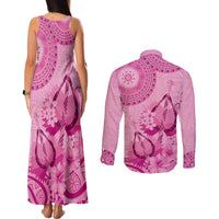 Pink Bula Fiji Couples Matching Tank Maxi Dress and Long Sleeve Button Shirt Fijian Dance Fan Tapa Cloth Pattern