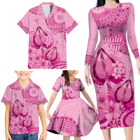 Pink Bula Fiji Family Matching Long Sleeve Bodycon Dress and Hawaiian Shirt Fijian Dance Fan Tapa Cloth Pattern
