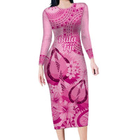 Pink Bula Fiji Family Matching Long Sleeve Bodycon Dress and Hawaiian Shirt Fijian Dance Fan Tapa Cloth Pattern