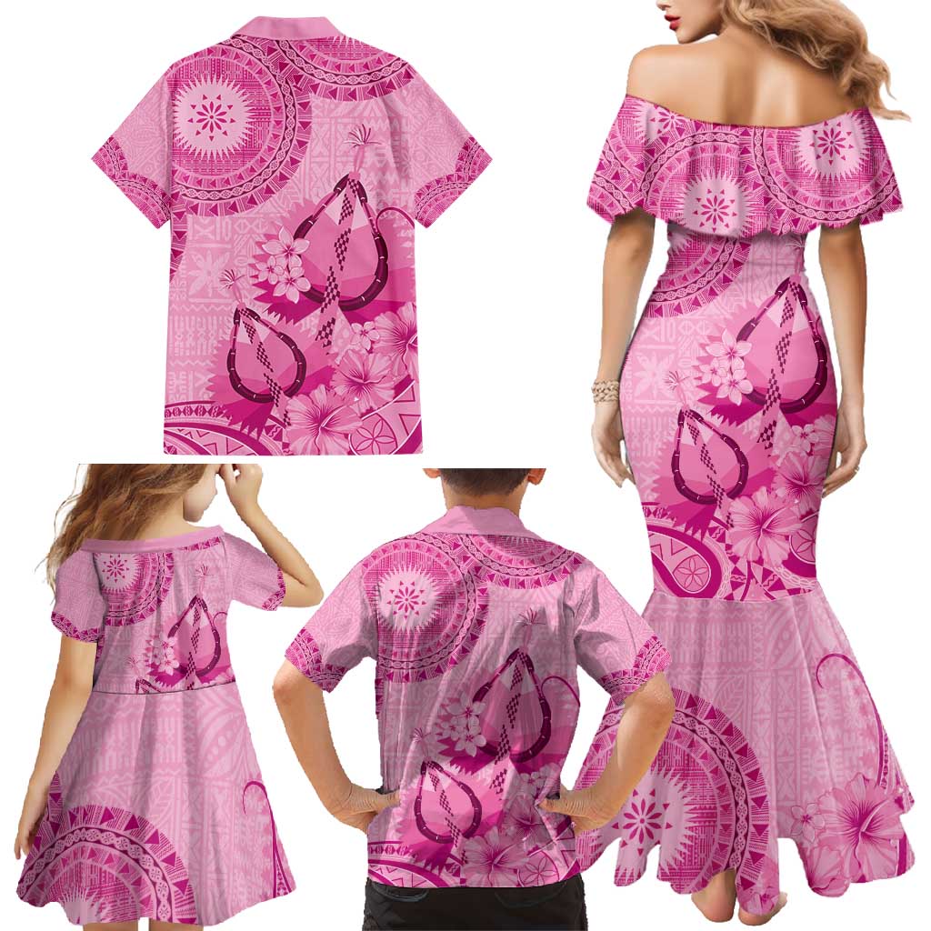 Pink Bula Fiji Family Matching Mermaid Dress and Hawaiian Shirt Fijian Dance Fan Tapa Cloth Pattern