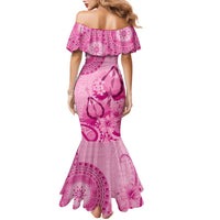 Pink Bula Fiji Family Matching Mermaid Dress and Hawaiian Shirt Fijian Dance Fan Tapa Cloth Pattern