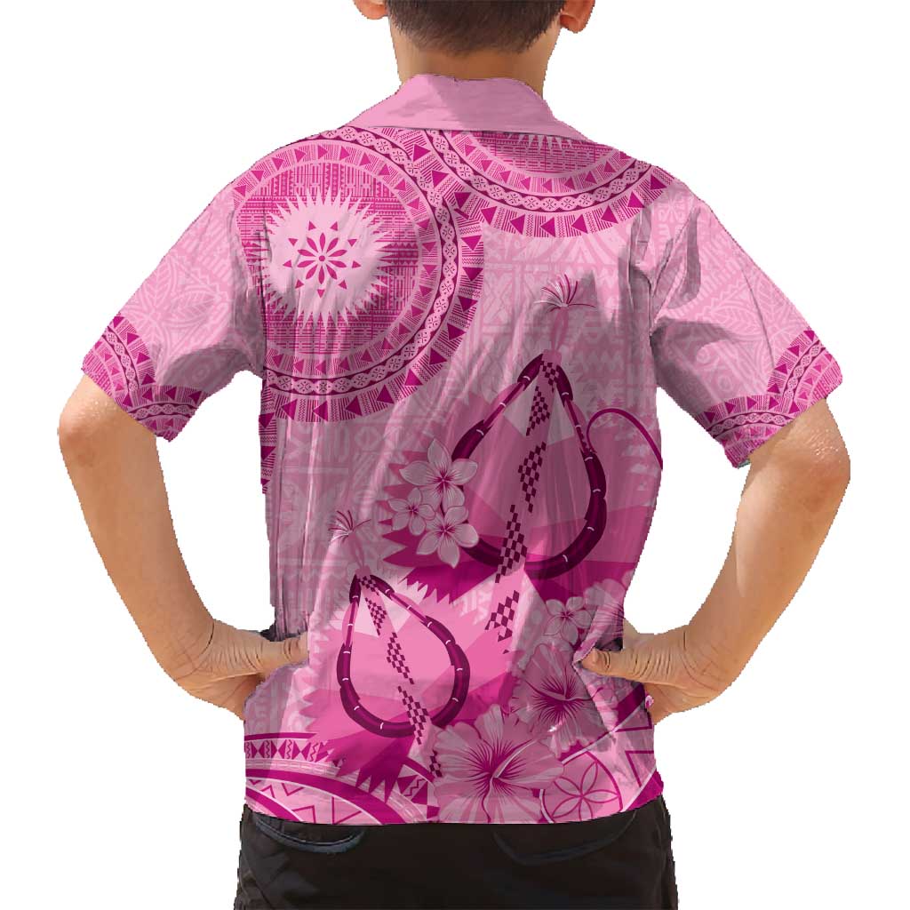 Pink Bula Fiji Family Matching Off Shoulder Short Dress and Hawaiian Shirt Fijian Dance Fan Tapa Cloth Pattern