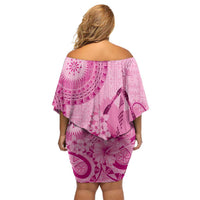Pink Bula Fiji Family Matching Off Shoulder Short Dress and Hawaiian Shirt Fijian Dance Fan Tapa Cloth Pattern