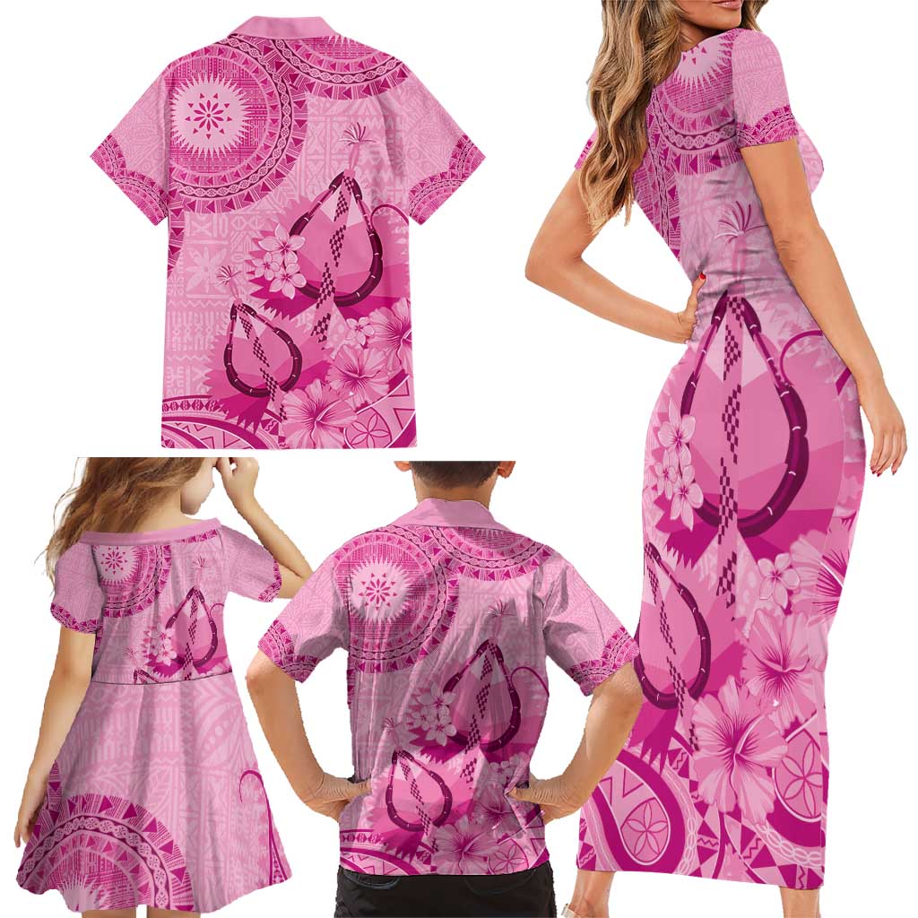 Pink Bula Fiji Family Matching Short Sleeve Bodycon Dress and Hawaiian Shirt Fijian Dance Fan Tapa Cloth Pattern
