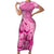 Pink Bula Fiji Family Matching Short Sleeve Bodycon Dress and Hawaiian Shirt Fijian Dance Fan Tapa Cloth Pattern