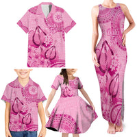 Pink Bula Fiji Family Matching Tank Maxi Dress and Hawaiian Shirt Fijian Dance Fan Tapa Cloth Pattern