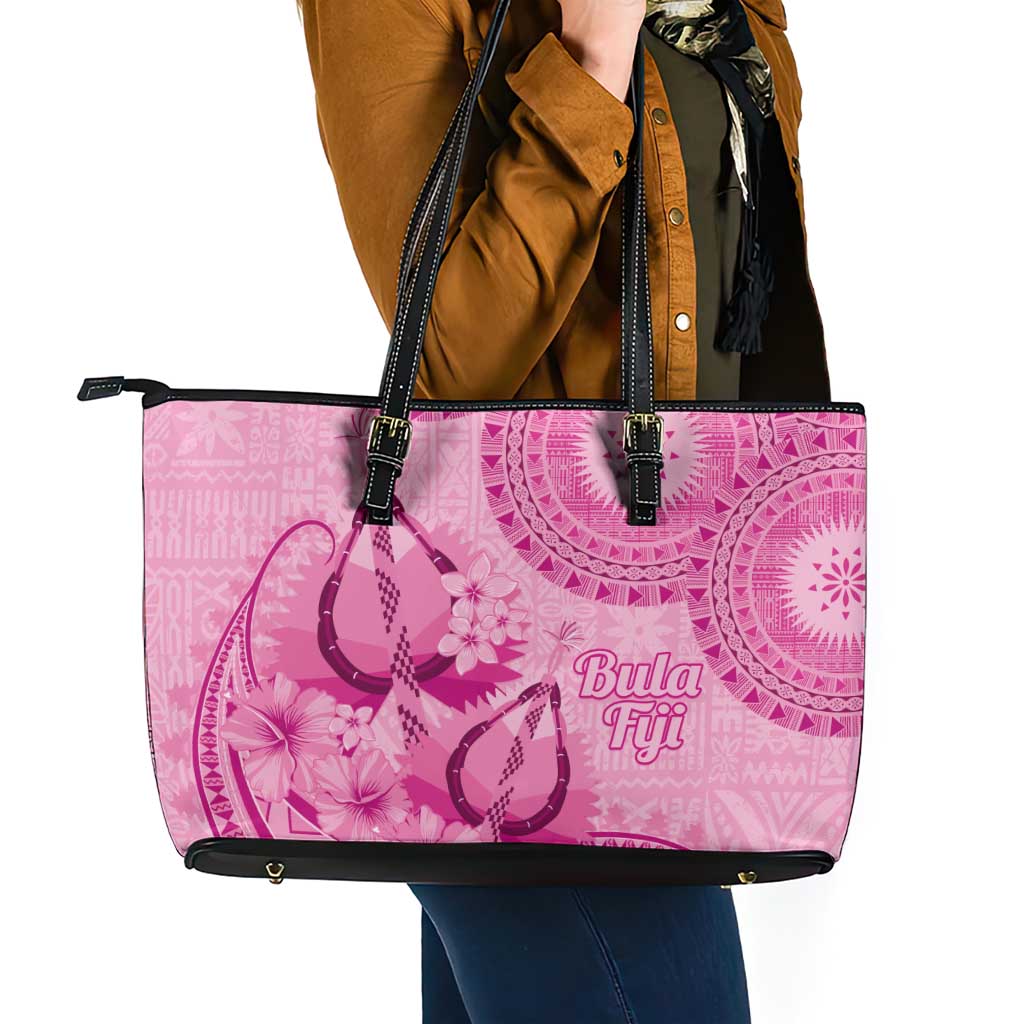 Pink Bula Fiji Leather Tote Bag Fijian Dance Fan Tapa Cloth Pattern