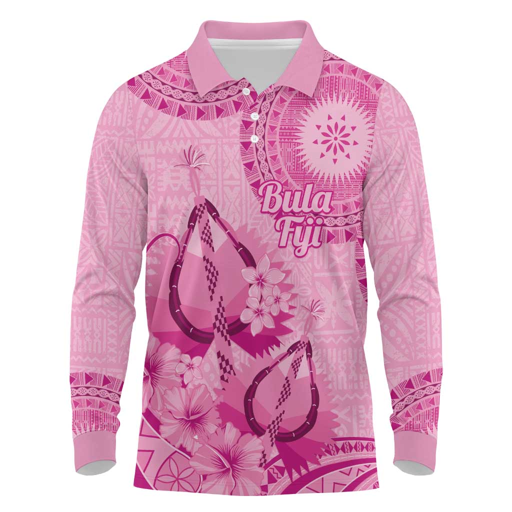 Pink Bula Fiji Long Sleeve Polo Shirt Fijian Dance Fan Tapa Cloth Pattern