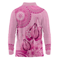 Pink Bula Fiji Long Sleeve Polo Shirt Fijian Dance Fan Tapa Cloth Pattern