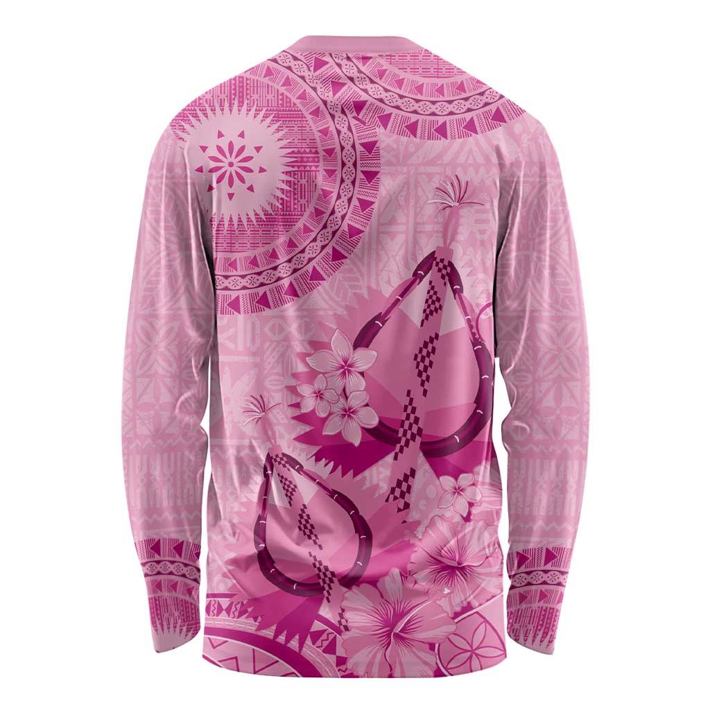 Pink Bula Fiji Long Sleeve Shirt Fijian Dance Fan Tapa Cloth Pattern