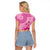 Pink Bula Fiji Raglan Cropped T Shirt Fijian Dance Fan Tapa Cloth Pattern