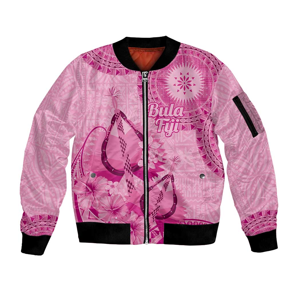 Pink Bula Fiji Sleeve Zip Bomber Jacket Fijian Dance Fan Tapa Cloth Pattern