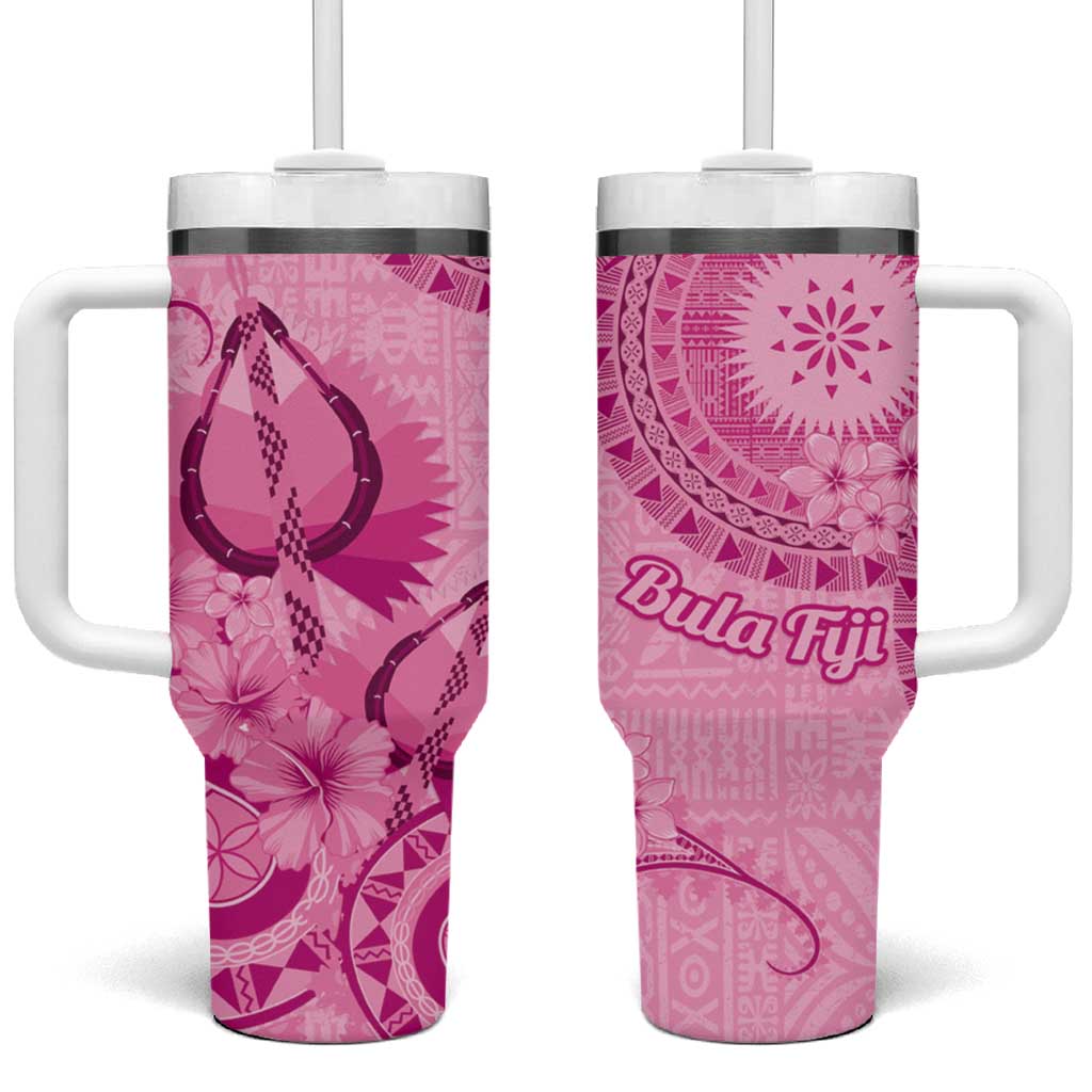 Pink Bula Fiji Tumbler With Handle Fijian Dance Fan Tapa Cloth Pattern