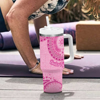 Pink Bula Fiji Tumbler With Handle Fijian Dance Fan Tapa Cloth Pattern