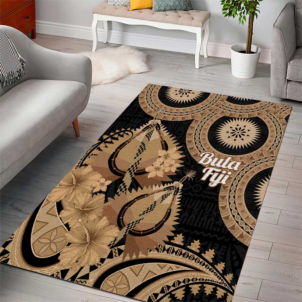 Black Bula Fiji Area Rug Fijian Dance Fan Tapa Cloth Pattern