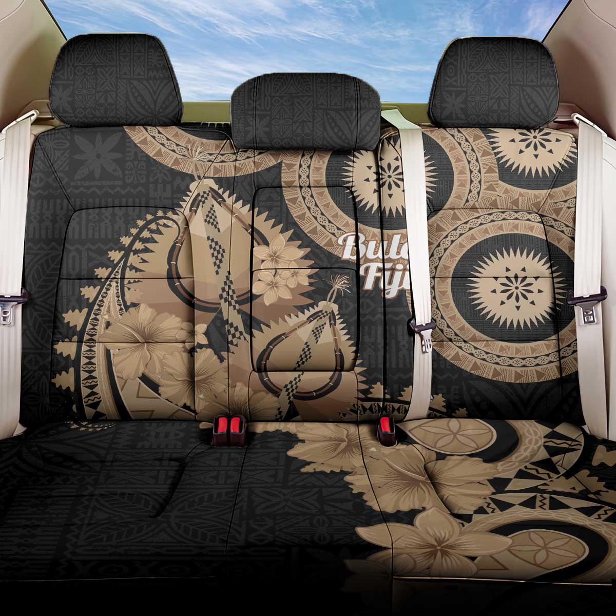 Black Bula Fiji Back Car Seat Cover Fijian Dance Fan Tapa Cloth Pattern
