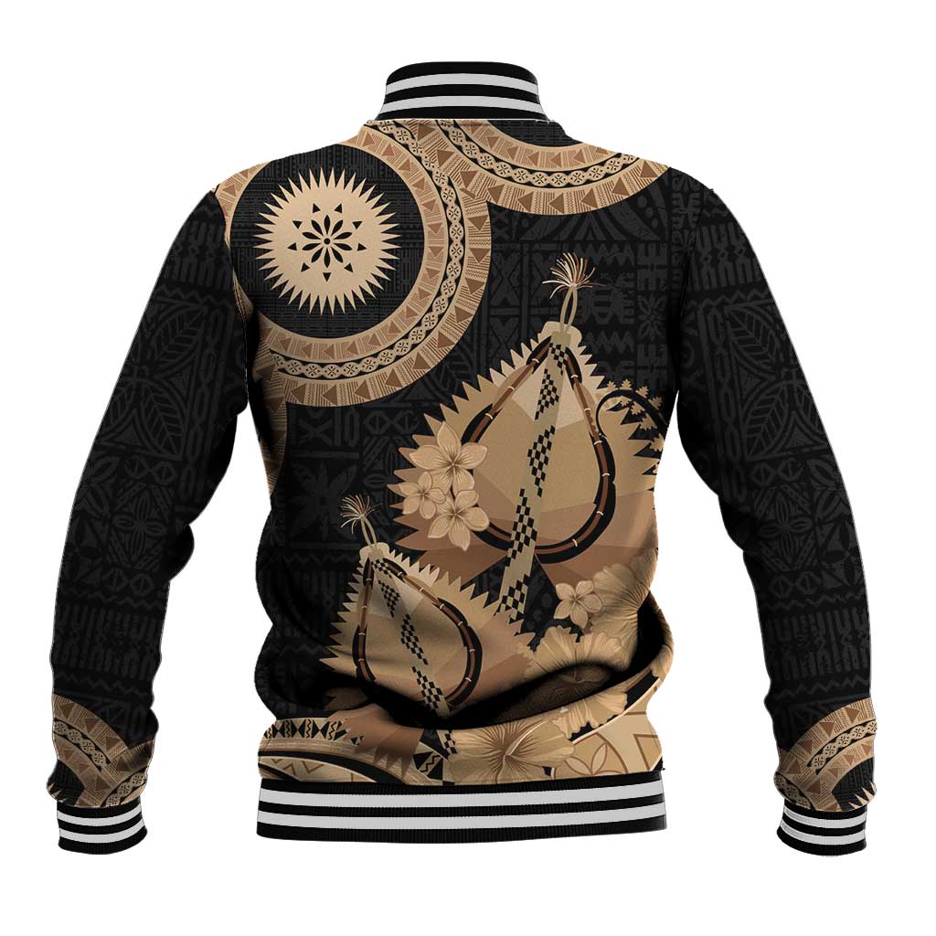Black Bula Fiji Baseball Jacket Fijian Dance Fan Tapa Cloth Pattern