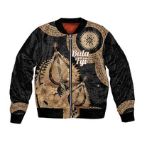 Black Bula Fiji Bomber Jacket Fijian Dance Fan Tapa Cloth Pattern