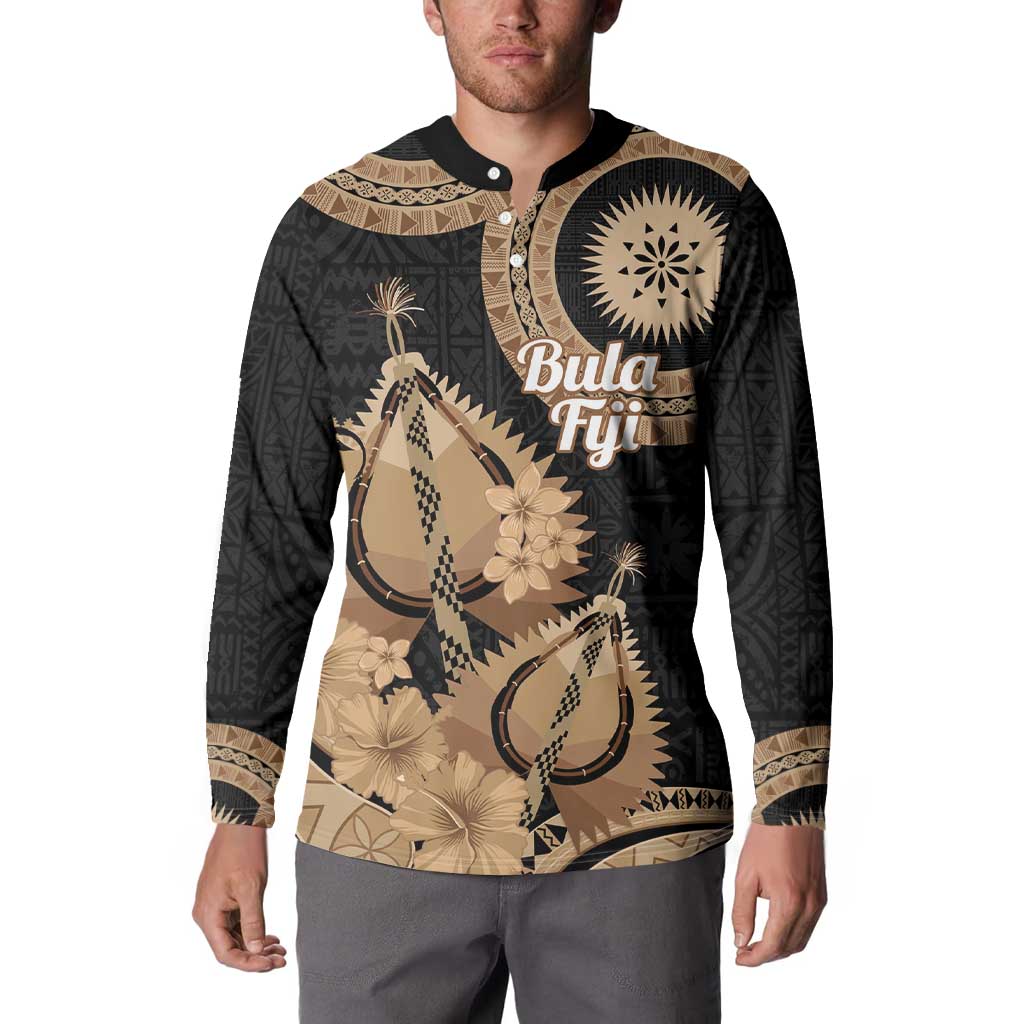 Black Bula Fiji Button Sweatshirt Fijian Dance Fan Tapa Cloth Pattern