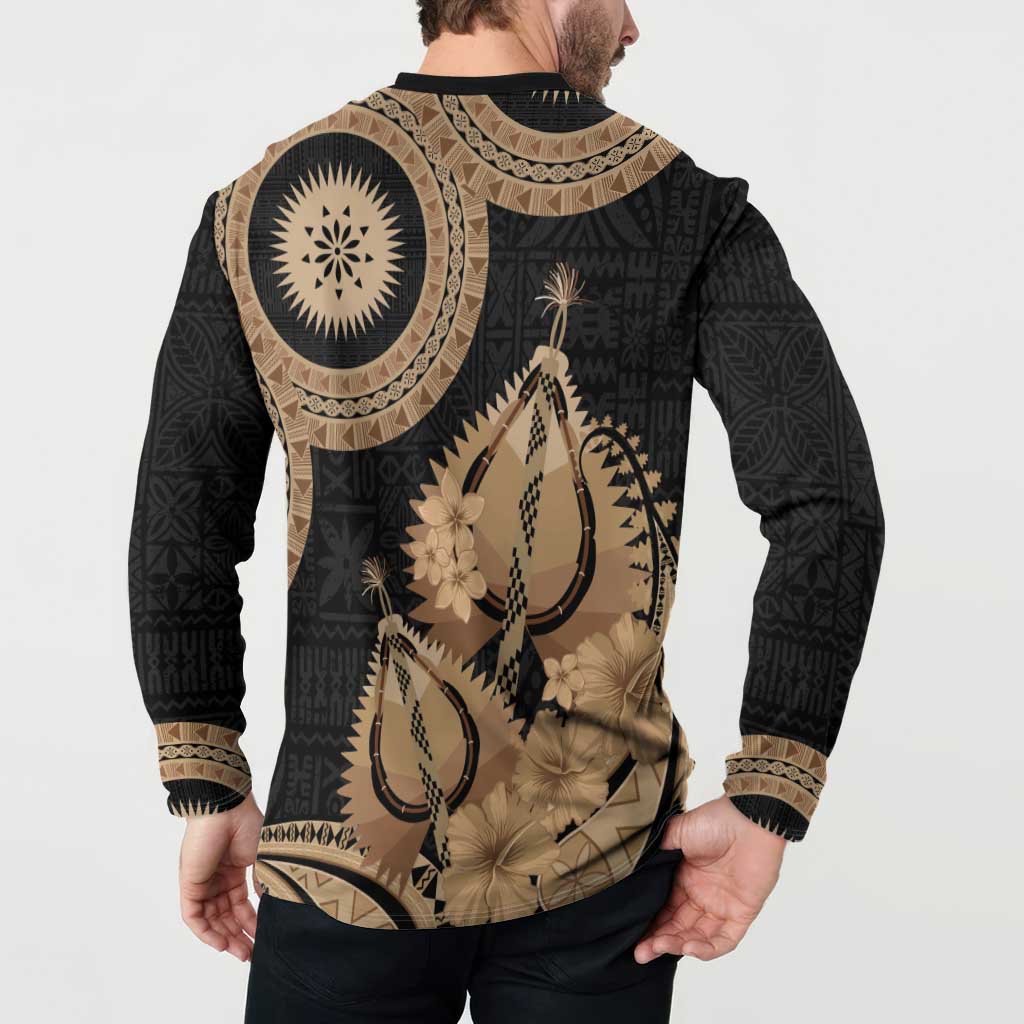 Black Bula Fiji Button Sweatshirt Fijian Dance Fan Tapa Cloth Pattern