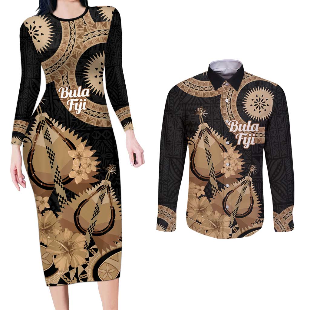 Black Bula Fiji Couples Matching Long Sleeve Bodycon Dress and Long Sleeve Button Shirt Fijian Dance Fan Tapa Cloth Pattern