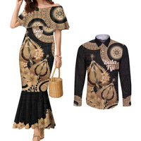 Black Bula Fiji Couples Matching Mermaid Dress and Long Sleeve Button Shirt Fijian Dance Fan Tapa Cloth Pattern