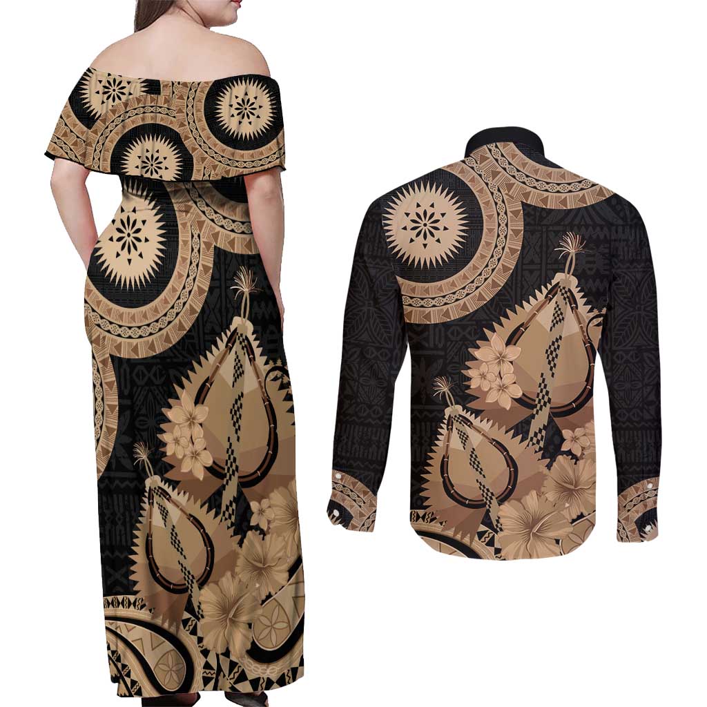 Black Bula Fiji Couples Matching Off Shoulder Maxi Dress and Long Sleeve Button Shirt Fijian Dance Fan Tapa Cloth Pattern