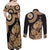 Black Bula Fiji Couples Matching Off Shoulder Maxi Dress and Long Sleeve Button Shirt Fijian Dance Fan Tapa Cloth Pattern