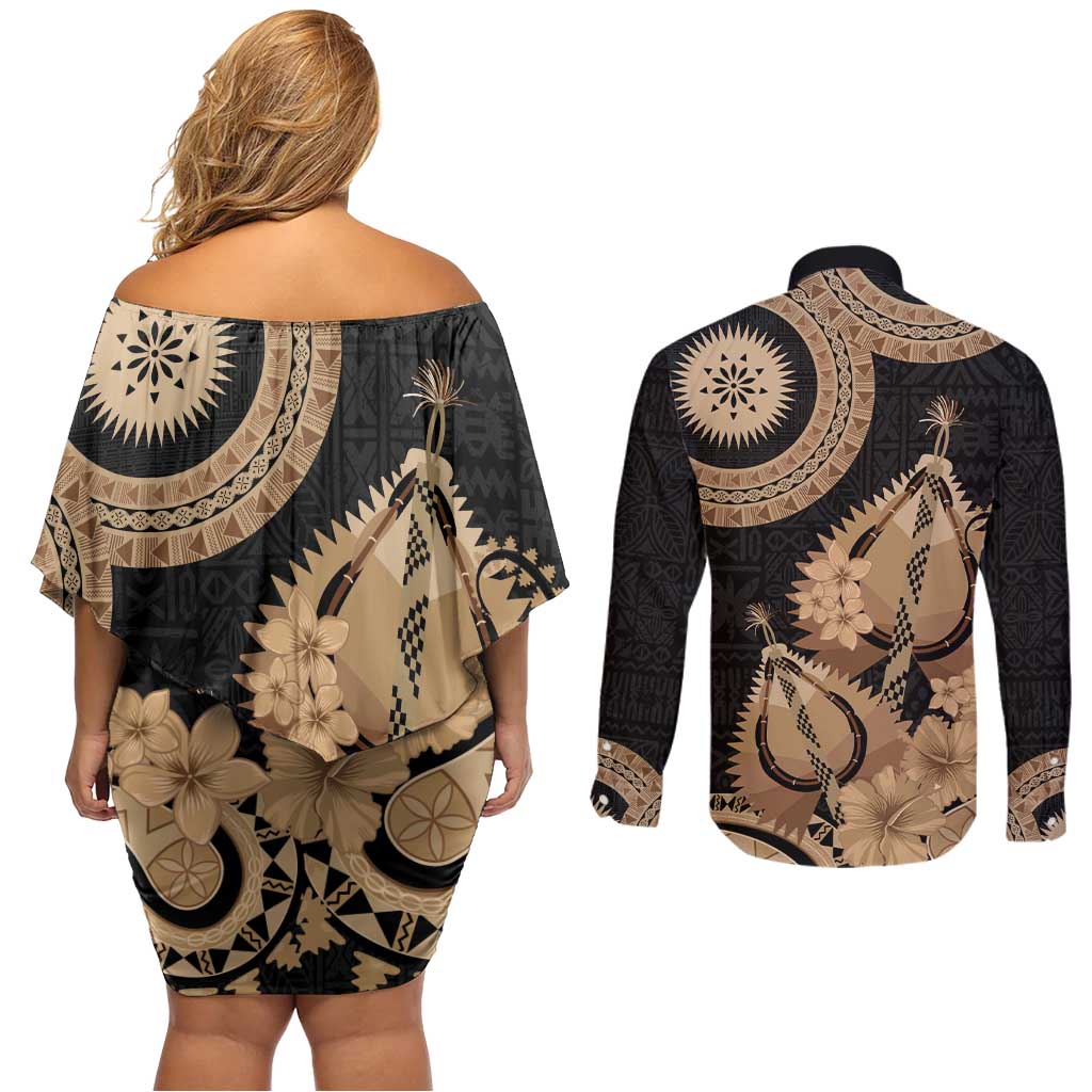 Black Bula Fiji Couples Matching Off Shoulder Short Dress and Long Sleeve Button Shirt Fijian Dance Fan Tapa Cloth Pattern