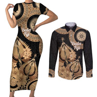 Black Bula Fiji Couples Matching Short Sleeve Bodycon Dress and Long Sleeve Button Shirt Fijian Dance Fan Tapa Cloth Pattern