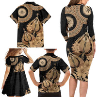 Black Bula Fiji Family Matching Long Sleeve Bodycon Dress and Hawaiian Shirt Fijian Dance Fan Tapa Cloth Pattern