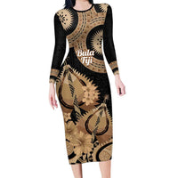 Black Bula Fiji Family Matching Long Sleeve Bodycon Dress and Hawaiian Shirt Fijian Dance Fan Tapa Cloth Pattern