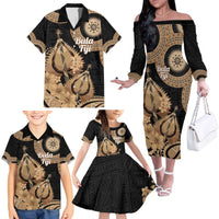 Black Bula Fiji Family Matching Off The Shoulder Long Sleeve Dress and Hawaiian Shirt Fijian Dance Fan Tapa Cloth Pattern