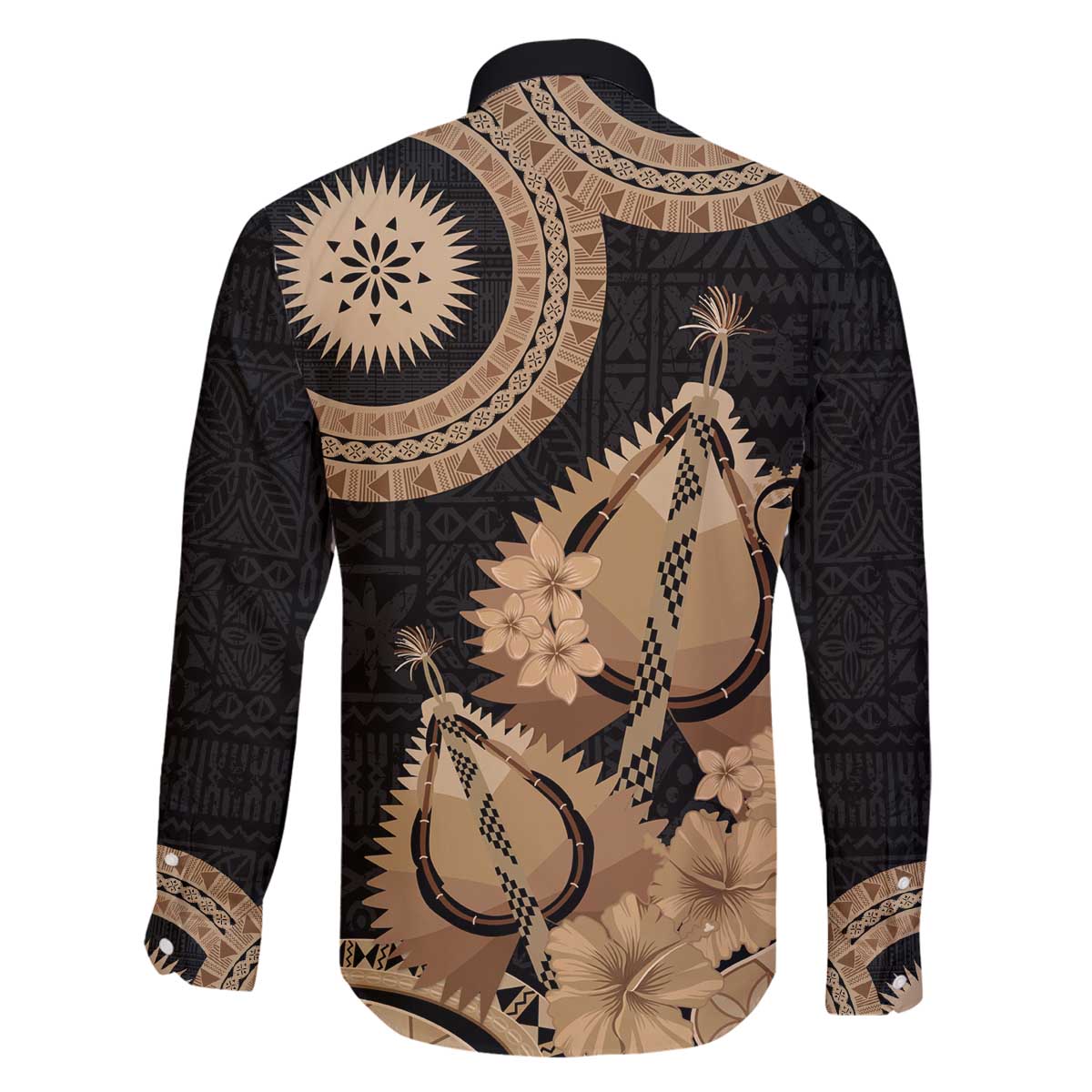 Black Bula Fiji Family Matching Off The Shoulder Long Sleeve Dress and Hawaiian Shirt Fijian Dance Fan Tapa Cloth Pattern