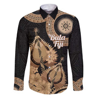 Black Bula Fiji Family Matching Off Shoulder Maxi Dress and Hawaiian Shirt Fijian Dance Fan Tapa Cloth Pattern