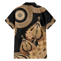 Black Bula Fiji Family Matching Short Sleeve Bodycon Dress and Hawaiian Shirt Fijian Dance Fan Tapa Cloth Pattern