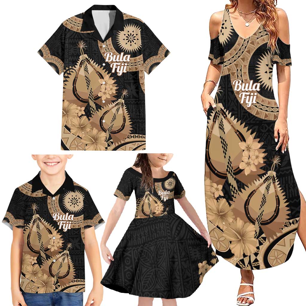 Black Bula Fiji Family Matching Summer Maxi Dress and Hawaiian Shirt Fijian Dance Fan Tapa Cloth Pattern