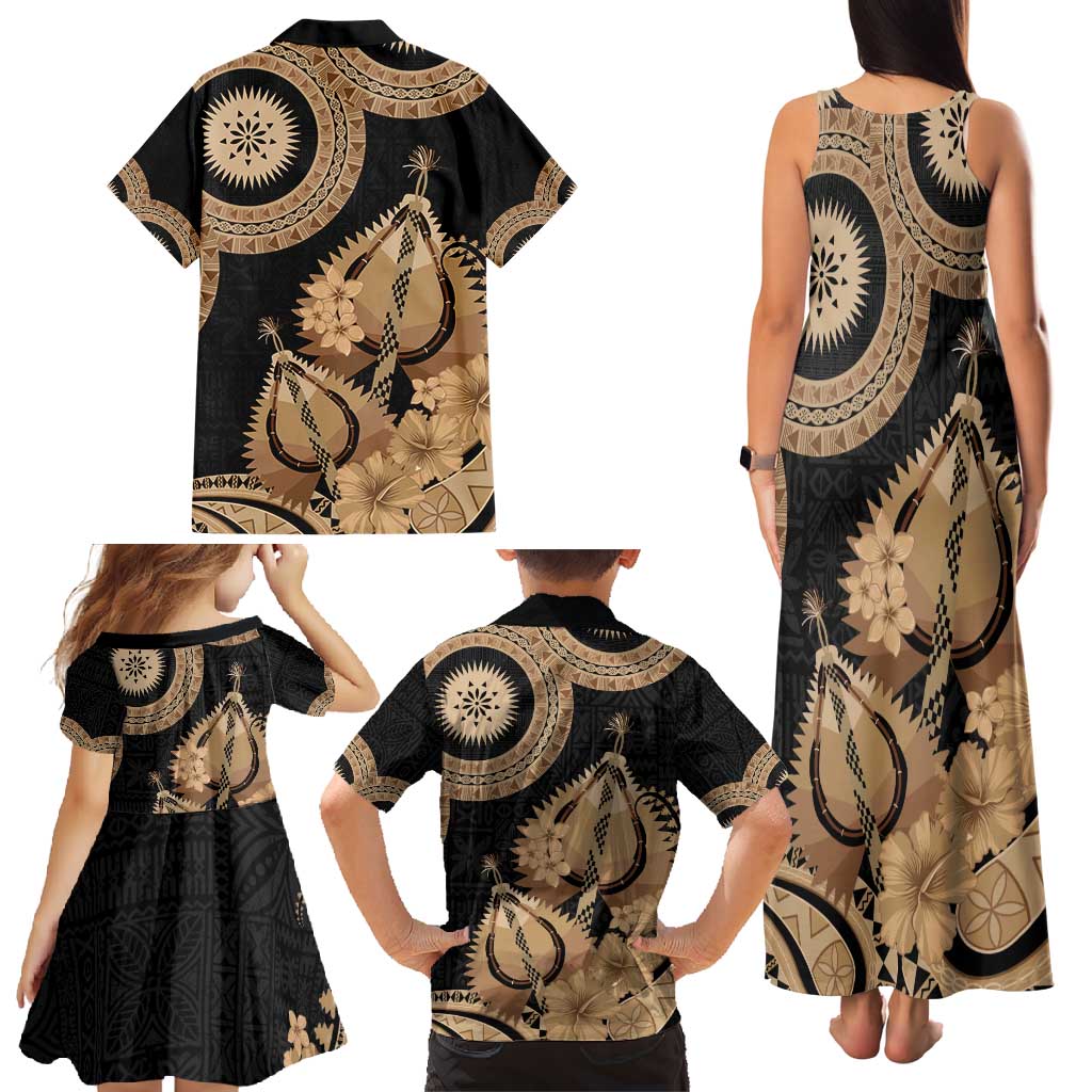 Black Bula Fiji Family Matching Tank Maxi Dress and Hawaiian Shirt Fijian Dance Fan Tapa Cloth Pattern