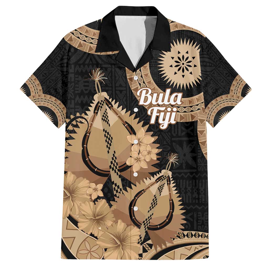 Black Bula Fiji Hawaiian Shirt Fijian Dance Fan Tapa Cloth Pattern