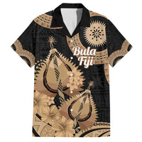 Black Bula Fiji Hawaiian Shirt Fijian Dance Fan Tapa Cloth Pattern