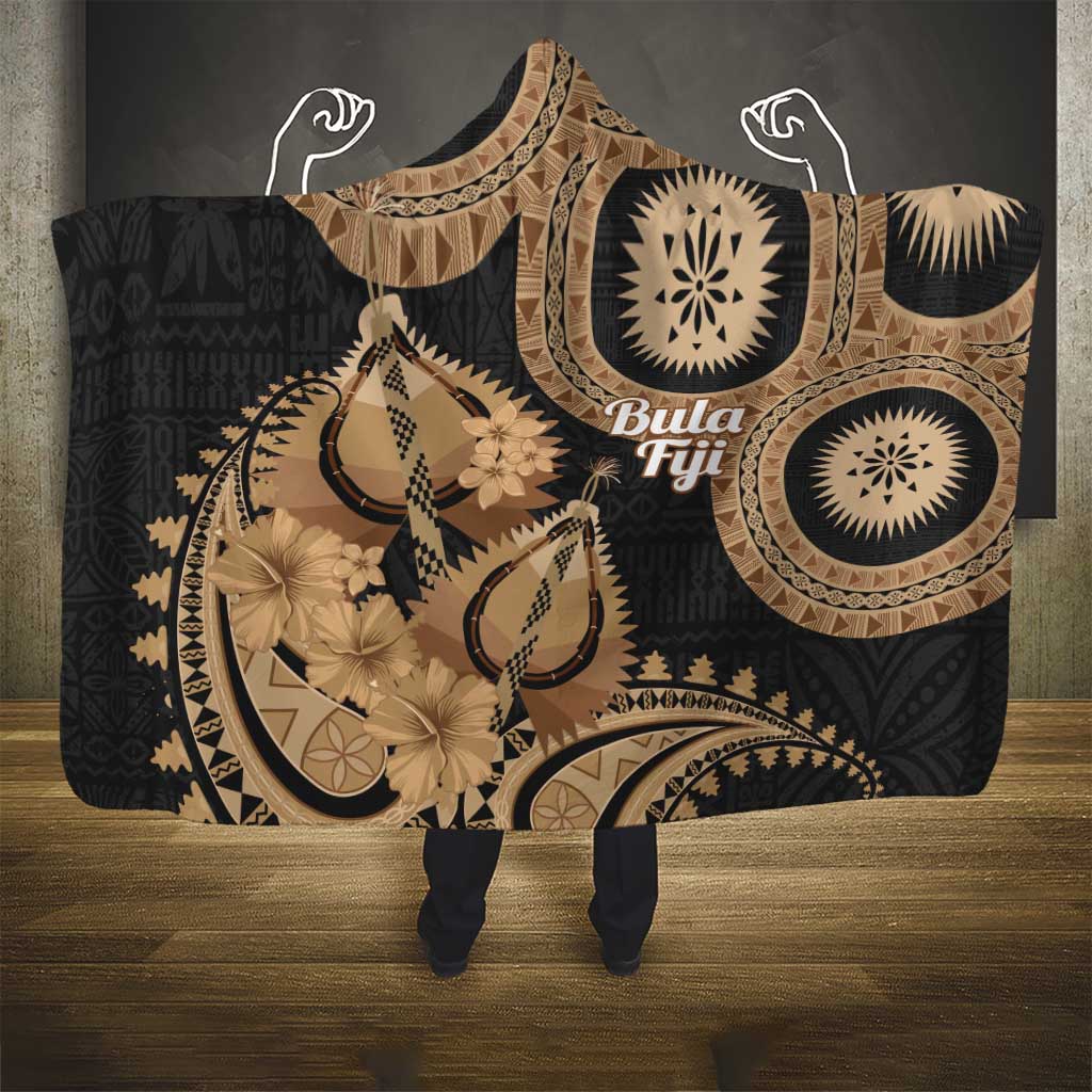 Black Bula Fiji Hooded Blanket Fijian Dance Fan Tapa Cloth Pattern