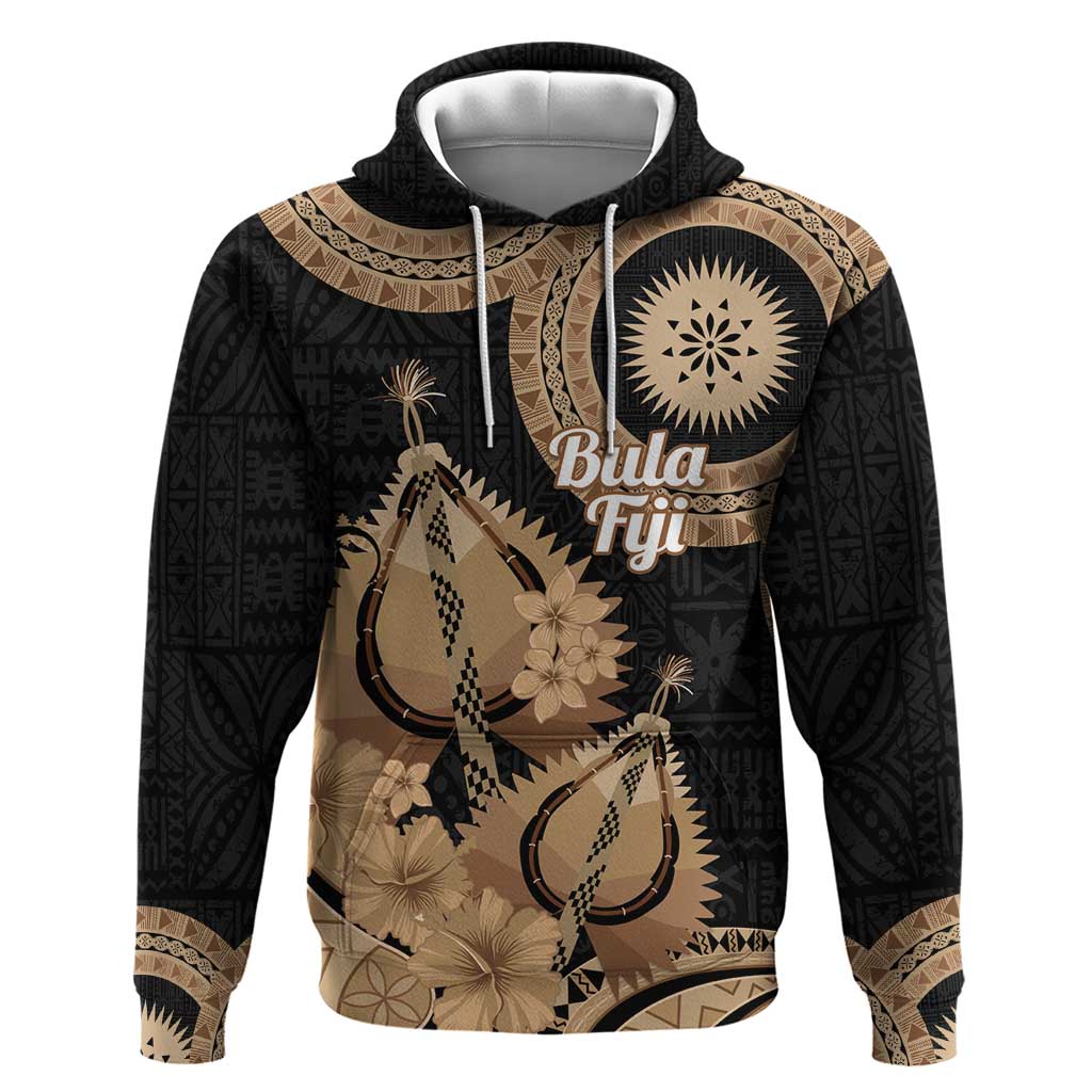 Black Bula Fiji Hoodie Fijian Dance Fan Tapa Cloth Pattern