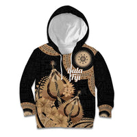 Black Bula Fiji Kid Hoodie Fijian Dance Fan Tapa Cloth Pattern